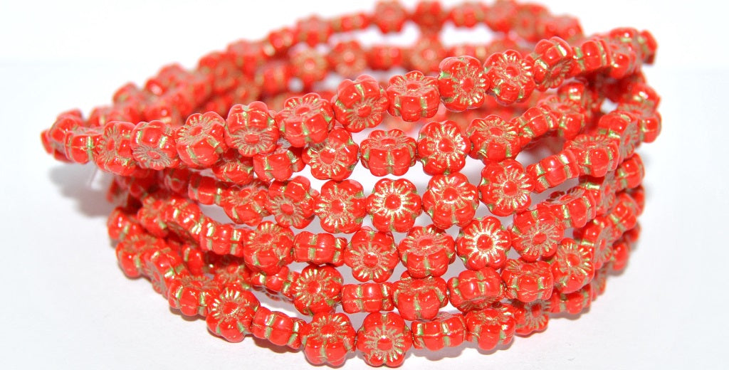 Hawaii Flower Pressed Glass Beads, Red 43813 Metalic (93190 43813 Metalic), Glass, Czech Republic