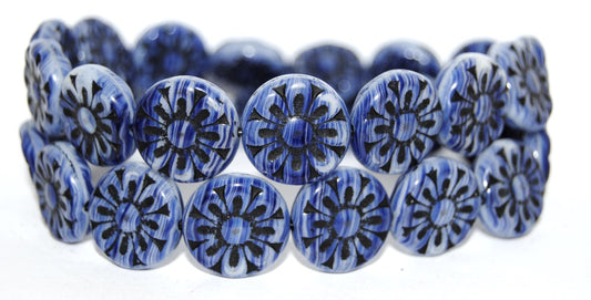 Flat Round With Flower Pressed Glass Beads, Opaque White Blue Striped 23202 (35000 23202), Glass, Czech Republic