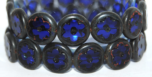 Table Cut Round Beads With Flower, Transparent Blue Travertin (30080 86800), Glass, Czech Republic