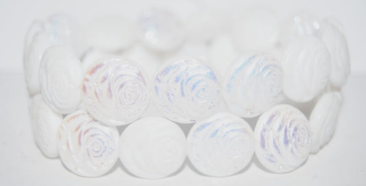 Round Flat Rose Flower Pressed Glass Beads, White Ab (2010 Ab), Glass, Czech Republic