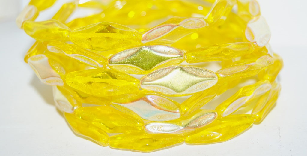 Faceted Oval With Star Pressed Glass Beads, Transparent Yellow Ab (80020 Ab), Glass, Czech Republic