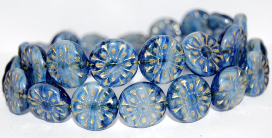 Flat Round With Flower Pressed Glass Beads, (65014 54202), Glass, Czech Republic