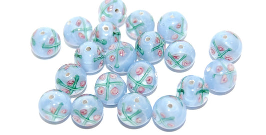 Czech Glass Hand Made Round Lampwork Beads With Flower, (10 H), Glass, Czech Republic