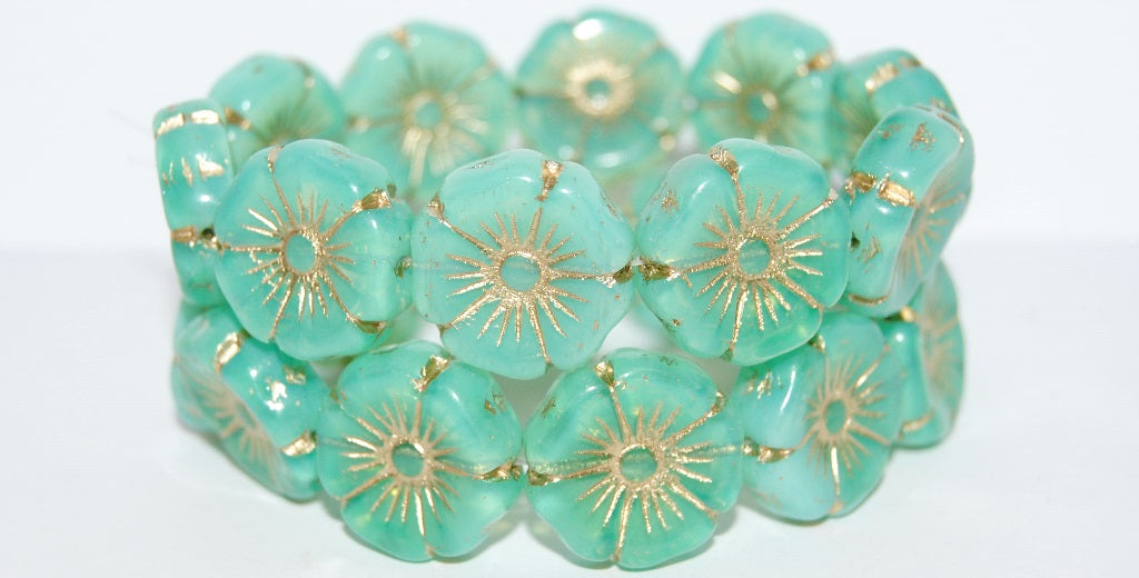 Hawaii Flower Pressed Glass Beads, Opal Aqua 54202 (61100 54202), Glass, Czech Republic