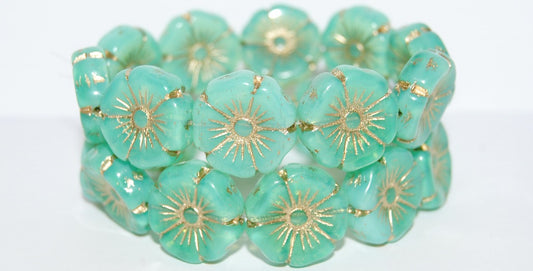 Hawaii Flower Pressed Glass Beads, Opal Aqua 54202 (61100 54202), Glass, Czech Republic