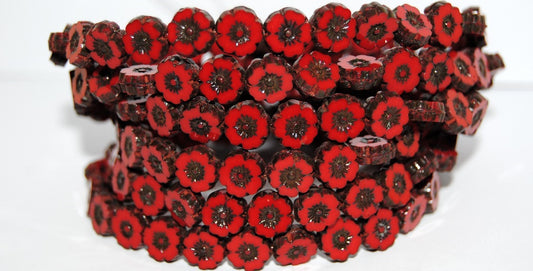 Table Cut Round Beads Hawaii Flowers, Opaque Red Travertin (93200 86800), Glass, Czech Republic