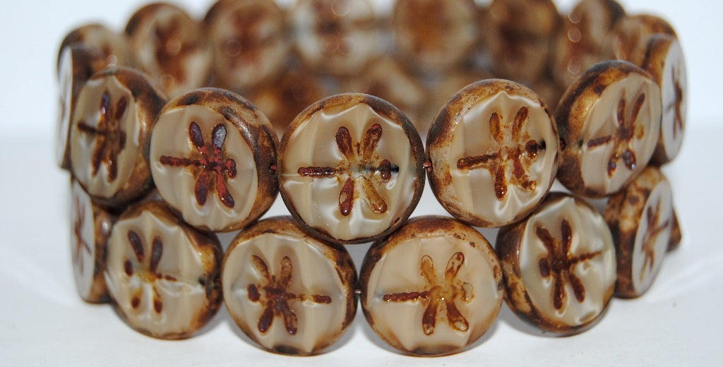 Table Cut Round Beads With Dragonfly, 16017 Travertin (16017 86800), Glass, Czech Republic