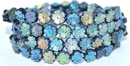 Hawaii Flower Pressed Glass Beads, Black Ab 2Xside (23980 Ab 2Xside), Glass, Czech Republic
