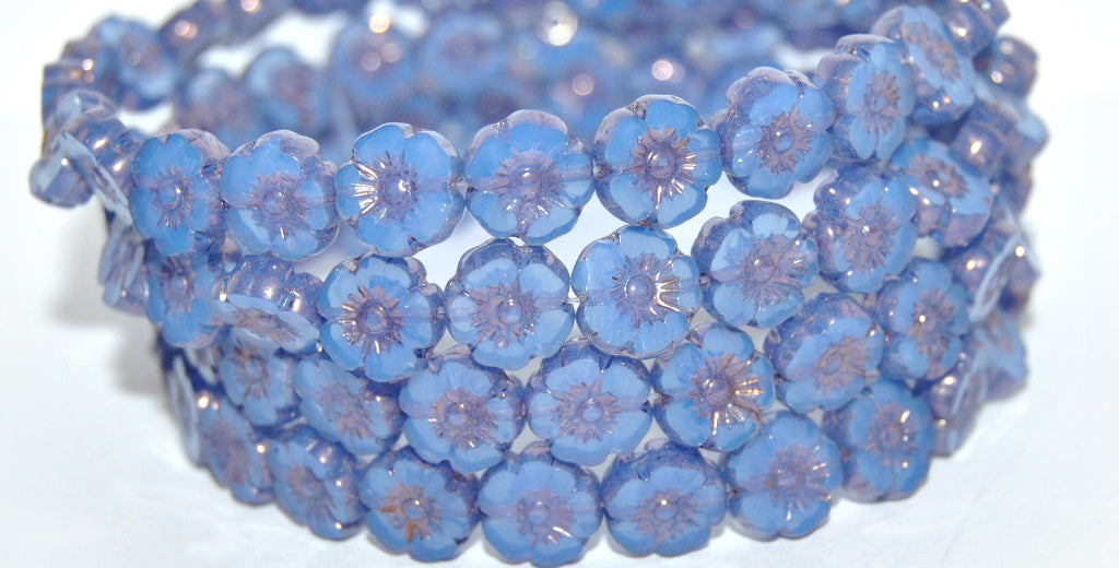 Table Cut Round Beads Hawaii Flowers, Opal Blue Bronze (31010 14415), Glass, Czech Republic