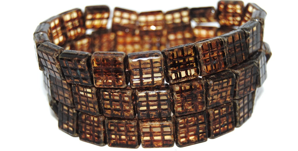 Table Cut Square Beads With Grid, 10020 Travertin Antiq (10020 86800 Antiq), Glass, Czech Republic