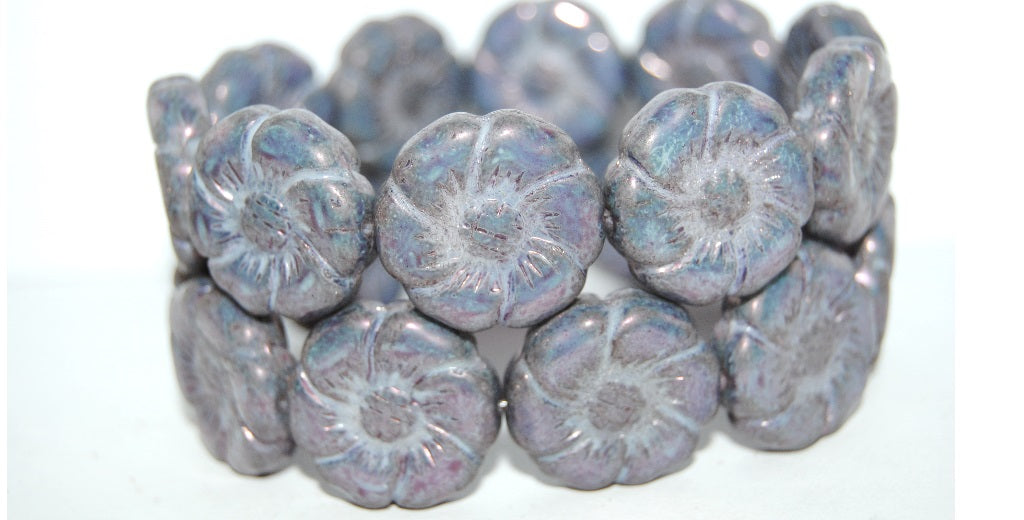 6-Petal Flower Pressed Glass Beads, White Purple (2010 15726), Glass, Czech Republic