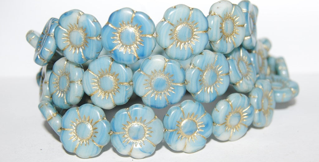 Round Flat Flower Pressed Glass Beads, (65000 54202), Glass, Czech Republic