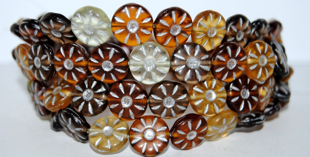 Flower Pressed Glass Beads, Mixed Colors Brown 54201M (Mix Brown 54201M), Glass, Czech Republic