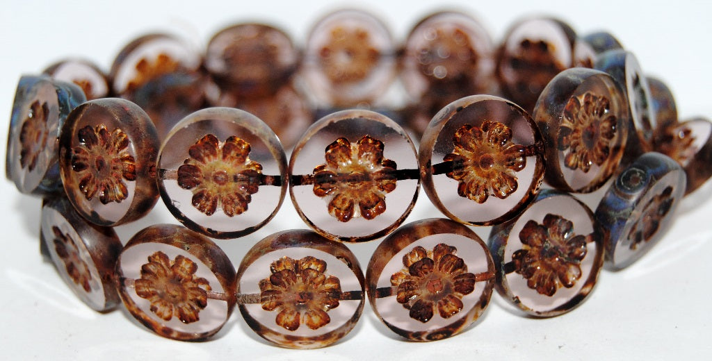 Table Cut Round Beads With Flower, Transparent Light Amethyst Travertin (20020 86800), Glass, Czech Republic