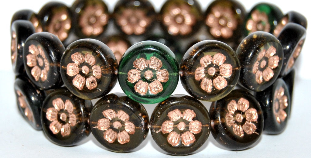 Round Flat With 6-Petal Flower Pressed Glass Beads, Green Mixed Colors 54200 (Green Mix 54200), Glass, Czech Republic