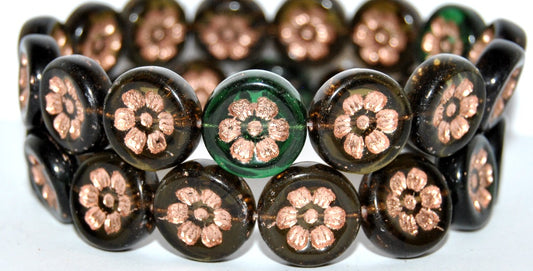 Round Flat With 6-Petal Flower Pressed Glass Beads, Green Mixed Colors 54200 (Green Mix 54200), Glass, Czech Republic