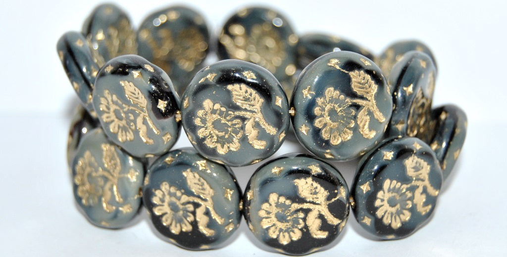 Round Flat With Flower Marguerite Pressed Glass Beads, (17019 54202), Glass, Czech Republic