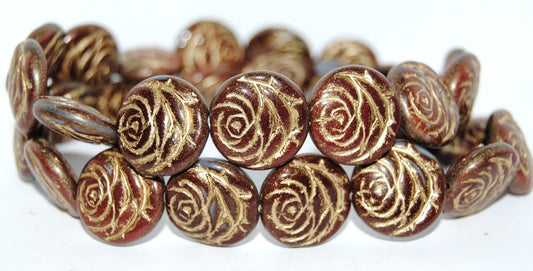 Round Flat Rose Flower Pressed Glass Beads, (17602 54202), Glass, Czech Republic