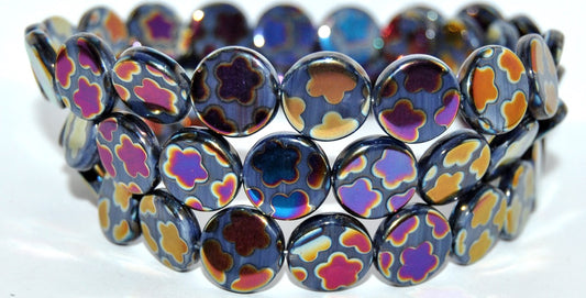 Flat Round Coin Pressed Glass Beads, (33070300 Flowers Batika), Glass, Czech Republic