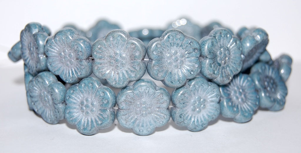 Flower Pressed Glass Beads, White Luster Blue Full Coated (2010 14464), Glass, Czech Republic