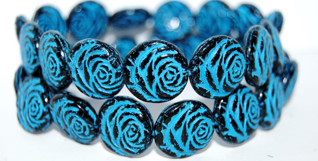 Round Flat Rose Flower Pressed Glass Beads, Black 14460 (23980 14460), Glass, Czech Republic