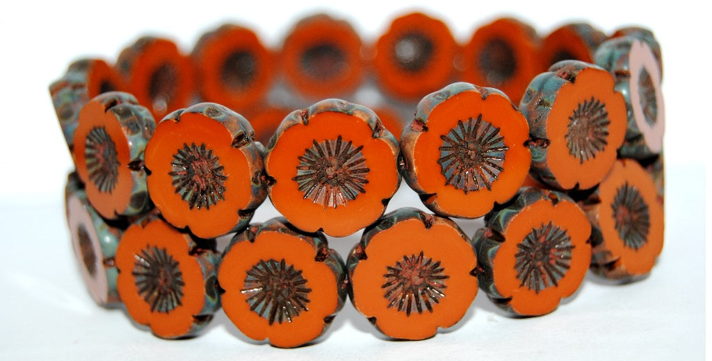 Table Cut Round Beads Hawaii Flowers, Opaque Brown Travertin (13610 86800), Glass, Czech Republic