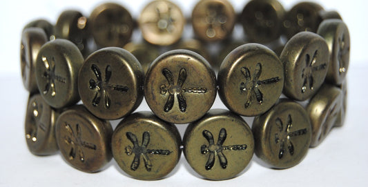 Round Flat Wit Dragonfly Pressed Glass Beads, Black 14495M (23980 14495M), Glass, Czech Republic