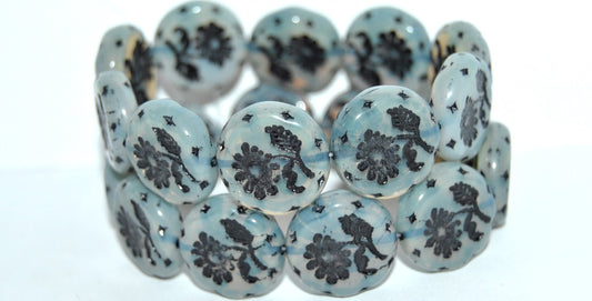 Round Flat With Flower Marguerite Pressed Glass Beads, (41000 46769), Glass, Czech Republic