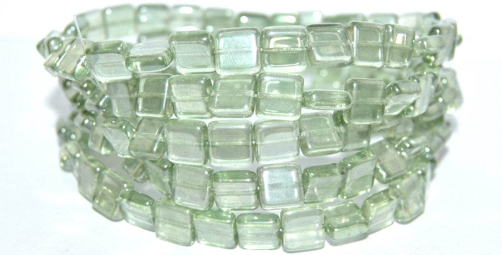 Flat Square Pressed Glass Beads, Crystal Luster Green Full Coated (30 14457), Glass, Czech Republic