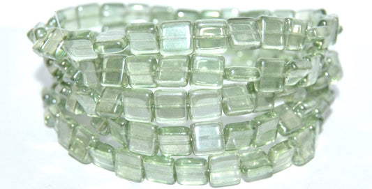 Flat Square Pressed Glass Beads, Crystal Luster Green Full Coated (30 14457), Glass, Czech Republic