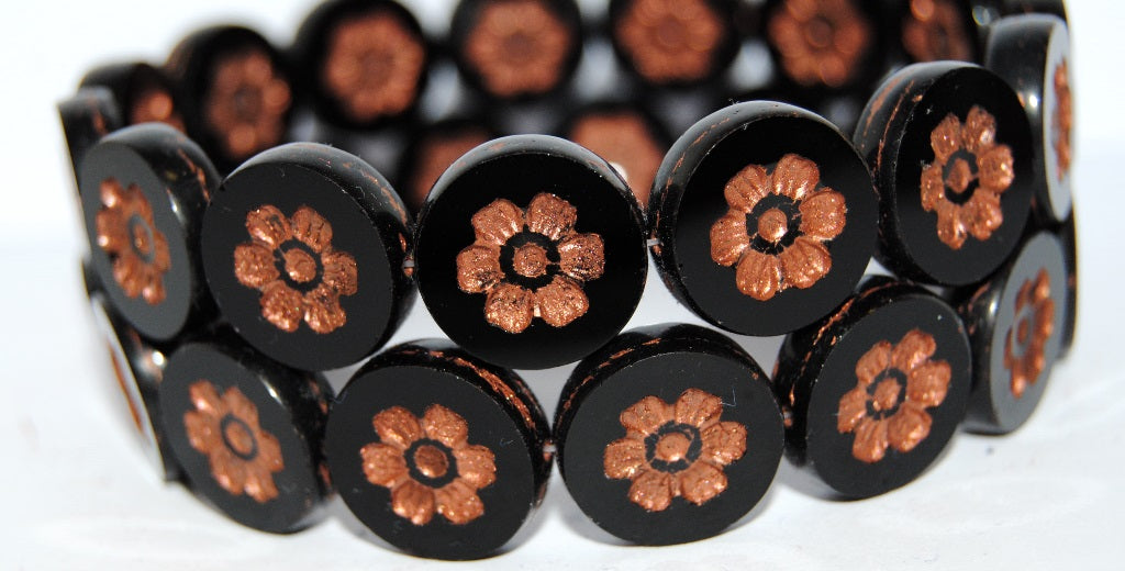 Table Cut Round Beads With Flower, Black 55307 (23980 55307), Glass, Czech Republic