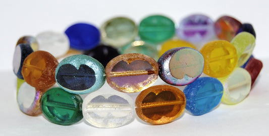 Table Cut Oval Beads, Color Mixed Colors Etch (Color Mix Etch), Glass, Czech Republic