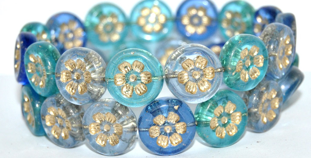 Round Flat With 6-Petal Flower Pressed Glass Beads, Blue Mixed Colors 54202 (Blue Mix 54202), Glass, Czech Republic
