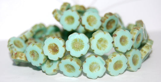 Table Cut Round Beads Hawaii Flowers, Opaque Green Travertin (53120 86800), Glass, Czech Republic