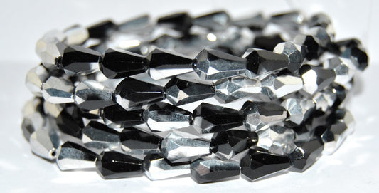 Czech Glass Faceted Fire Polished Beads Pear, Black Crystal Silver Half Coating (23980 27001), Glass, Czech Republic