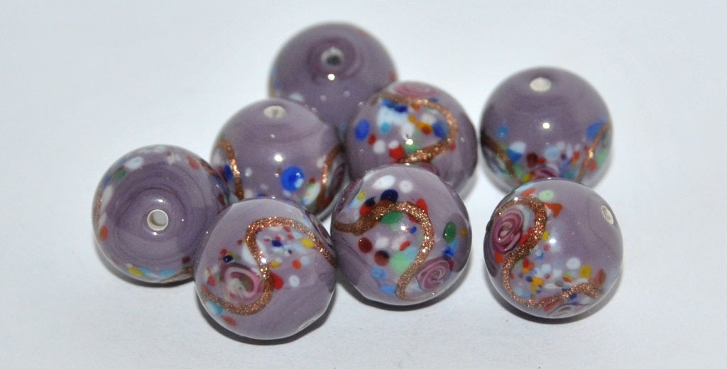 Czech Glass Hand Made Round Lampwork Beads With Flower And Aventurine, (G), Glass, Czech Republic