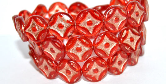 Flat Round With 4-Point Star Pressed Glass Beads, Light Siam 54200 (90070 54200), Glass, Czech Republic