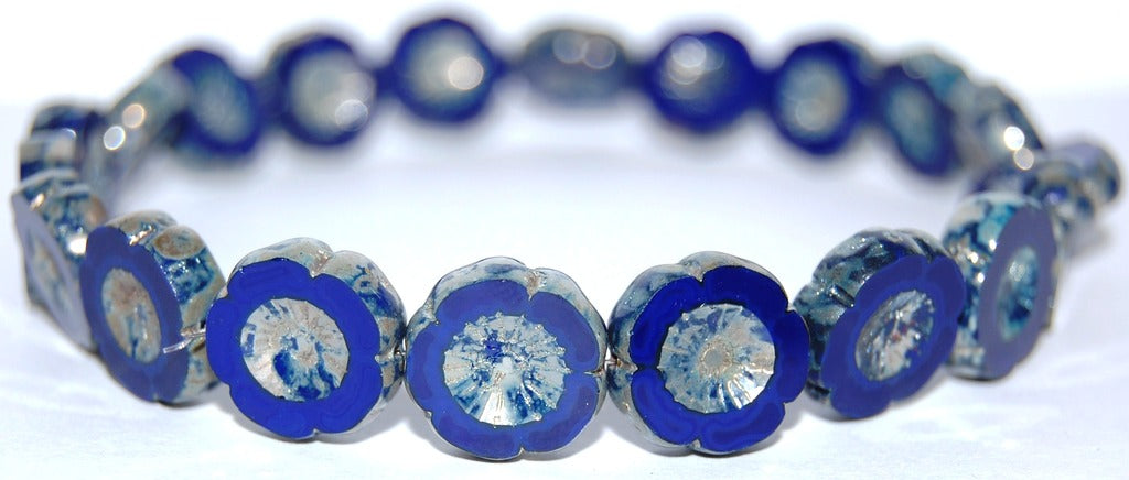 Table Cut Round Beads Hawaii Flowers, Opaque Blue 43400 (33070 43400), Glass, Czech Republic