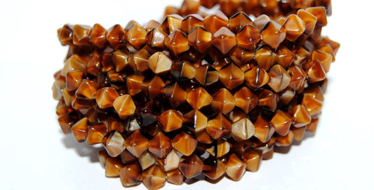 Lantern Bicone Pressed Glass Beads, Lined Green Brown (16127), Glass, Czech Republic