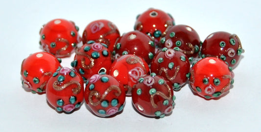 Czech Glass Hand Made Round Lampwork Beads With Flower, (F), Glass, Czech Republic