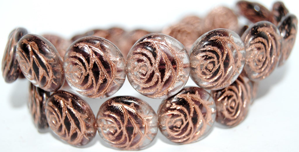 Round Flat Rose Flower Pressed Glass Beads, (27008 54200), Glass, Czech Republic