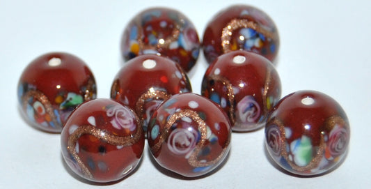 Czech Glass Hand Made Round Lampwork Beads With Flower And Aventurine, (H), Glass, Czech Republic