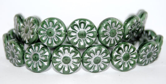 Flat Round With Flower Pressed Glass Beads, (56100 54201), Glass, Czech Republic