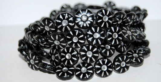 Flower Pressed Glass Beads, Black 54201 (23980 54201), Glass, Czech Republic