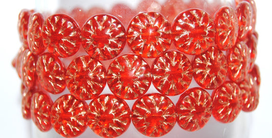 Round Flower Edelweiss Pressed Glass Beads, Transparent Red 54200 (90060 54200), Glass, Czech Republic