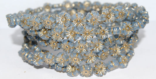 Hawaii Flower Pressed Glass Beads, Opal Blue 54202 (31000 54202), Glass, Czech Republic