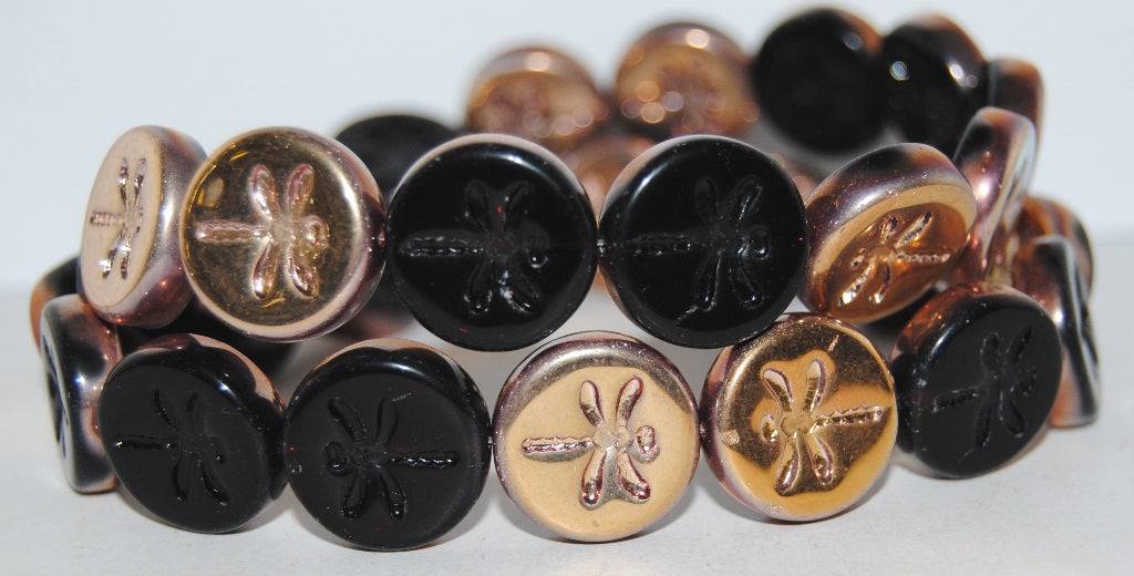 Round Flat Wit Dragonfly Pressed Glass Beads, Black 27101 (23980 27101), Glass, Czech Republic