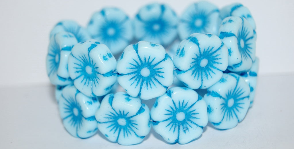 Hawaii Flower Pressed Glass Beads, Blue 46460 (63010 46460), Glass, Czech Republic