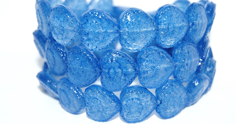Heart With Flower Pressed Glass Beads, (Lava Glass 43611), Glass, Czech Republic