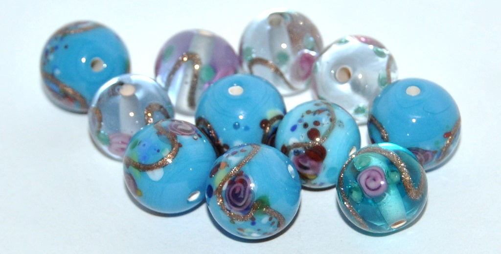 Czech Glass Hand Made Round Lampwork Beads With Flower And Aventurine, (L), Glass, Czech Republic